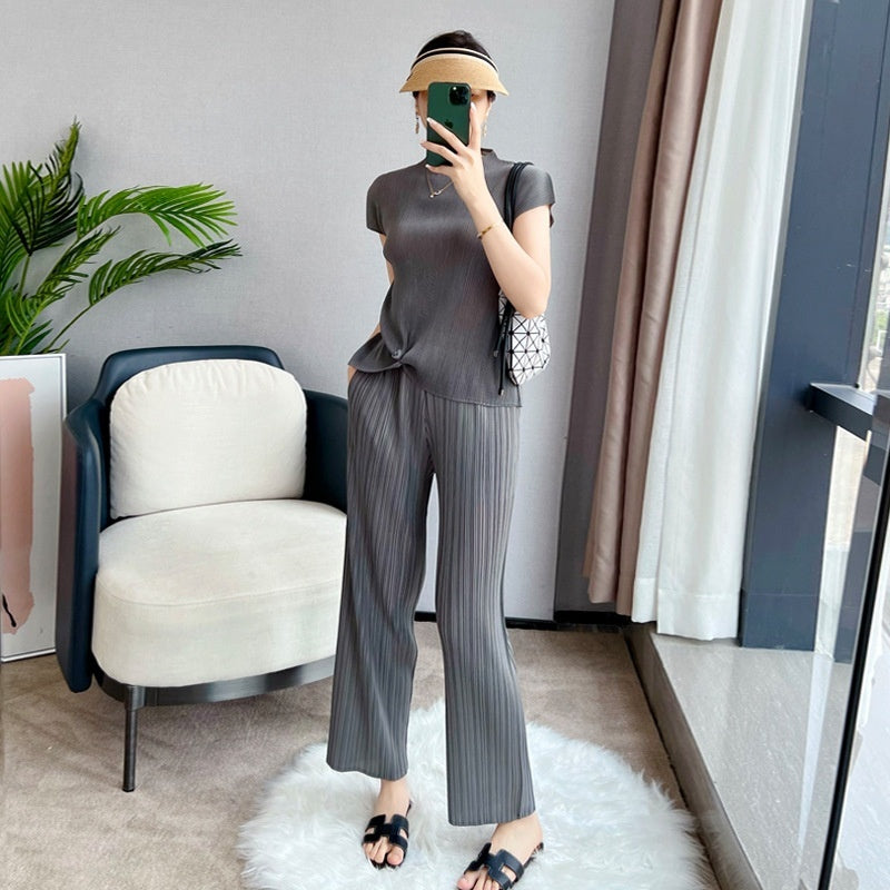 Pleated Summer Clothes Two-piece Suit Top Wide Leg Pants Suit Women