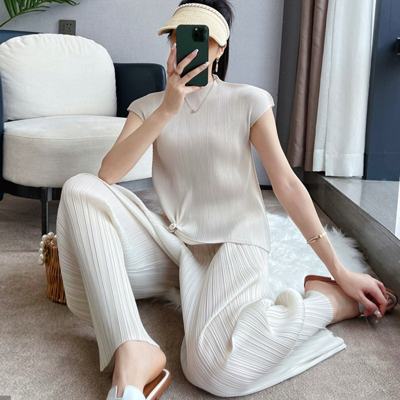 Pleated Summer Clothes Two-piece Suit Top Wide Leg Pants Suit Women