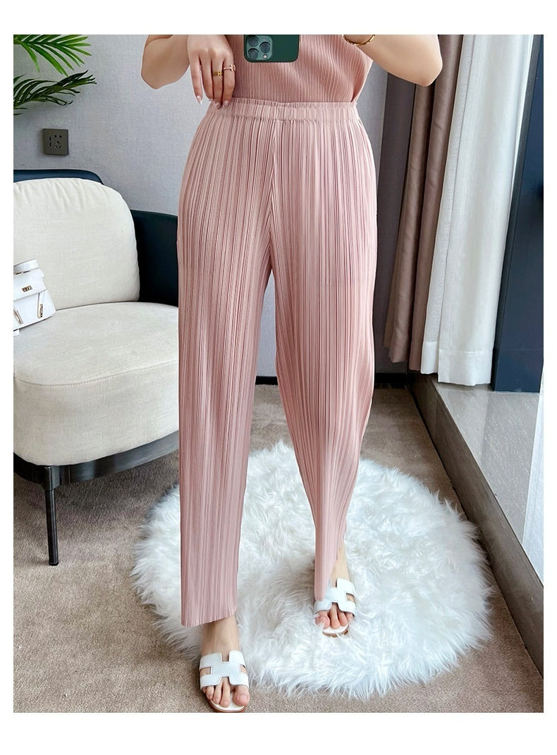 Pleated Summer Clothes Two-piece Suit Top Wide Leg Pants Suit Women