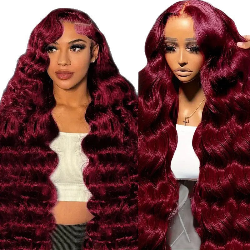 Womens Burgundy Long Curly Lace Wig Made From Heat-resistant Synthetic Fibers