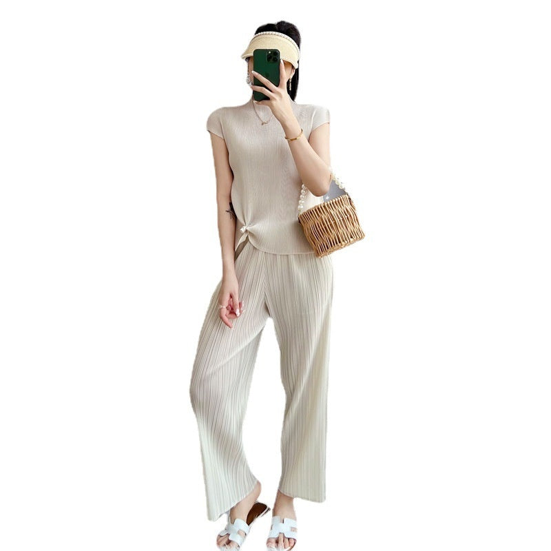 Pleated Summer Clothes Two-piece Suit Top Wide Leg Pants Suit Women