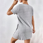 Womens 2 Piece Lounge Sets Summer Ribbed Knit V Neck Short Sleeve Tee And Shorts Sets