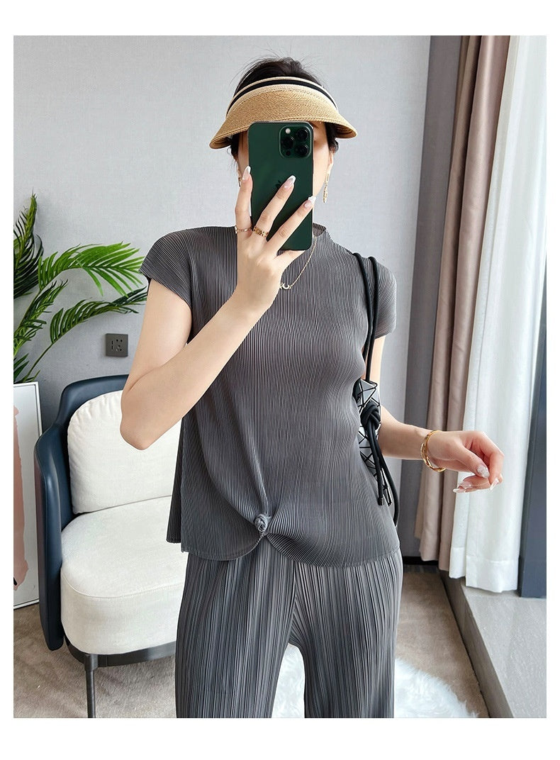 Pleated Summer Clothes Two-piece Suit Top Wide Leg Pants Suit Women