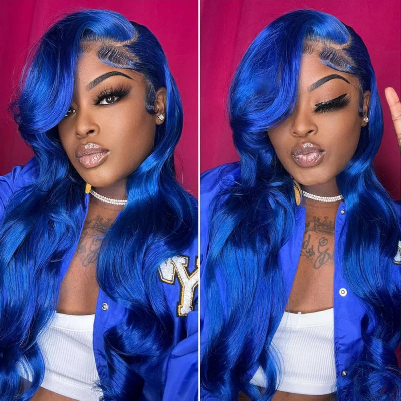 Wig Women's Mid-length Dark Blue Big Wavy Curly Hair Front Lace Hair Cover