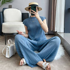 Pleated Summer Clothes Two-piece Suit Top Wide Leg Pants Suit Women