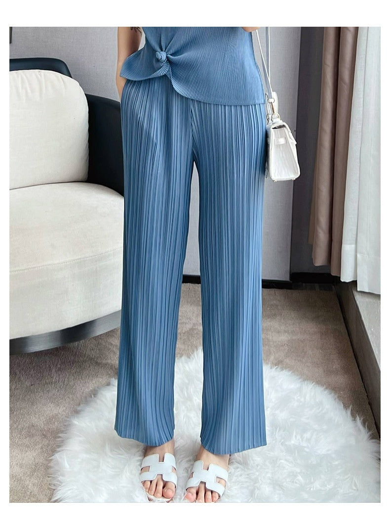 Pleated Summer Clothes Two-piece Suit Top Wide Leg Pants Suit Women