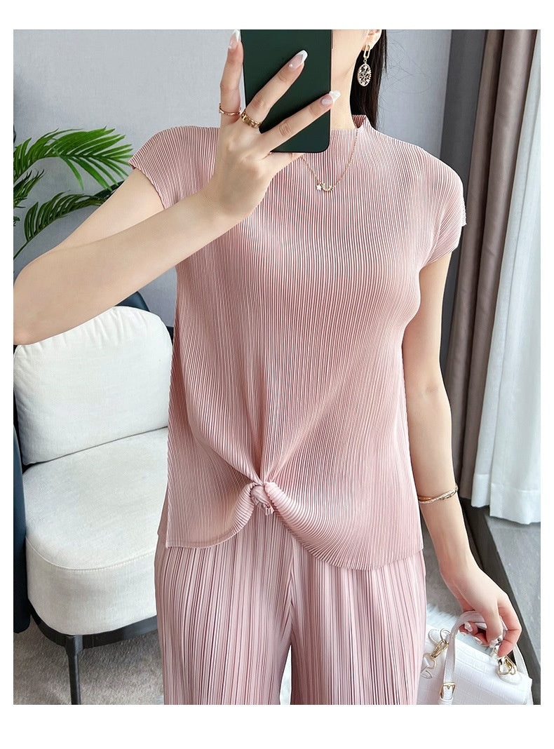 Pleated Summer Clothes Two-piece Suit Top Wide Leg Pants Suit Women