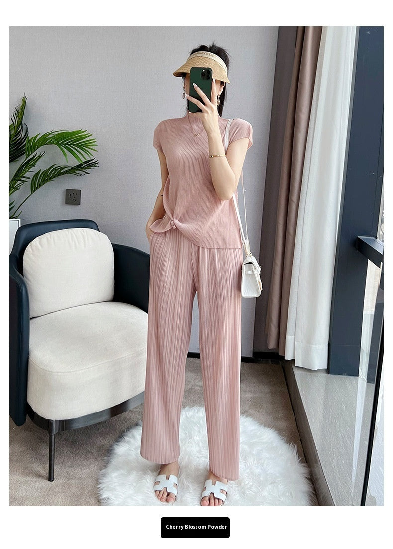 Pleated Summer Clothes Two-piece Suit Top Wide Leg Pants Suit Women