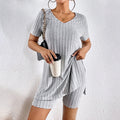 Womens 2 Piece Lounge Sets Summer Ribbed Knit V Neck Short Sleeve Tee And Shorts Sets