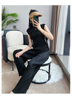 Pleated Summer Clothes Two-piece Suit Top Wide Leg Pants Suit Women