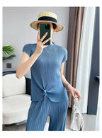 Pleated Summer Clothes Two-piece Suit Top Wide Leg Pants Suit Women