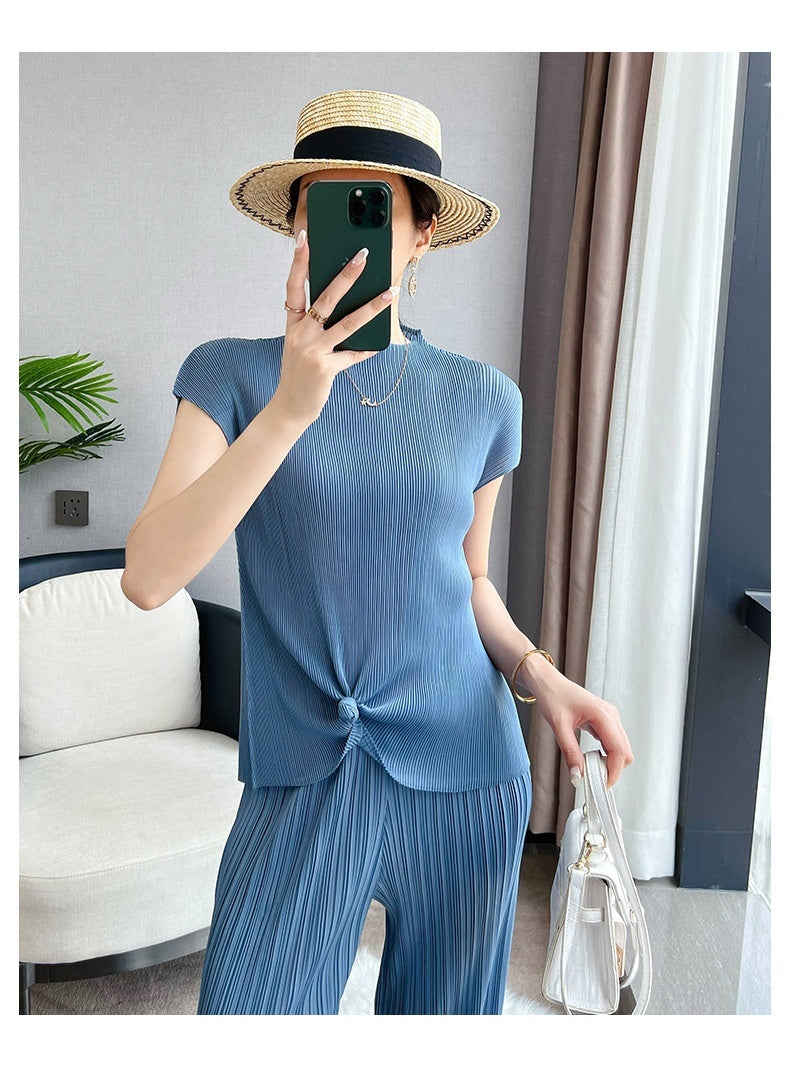 Pleated Summer Clothes Two-piece Suit Top Wide Leg Pants Suit Women