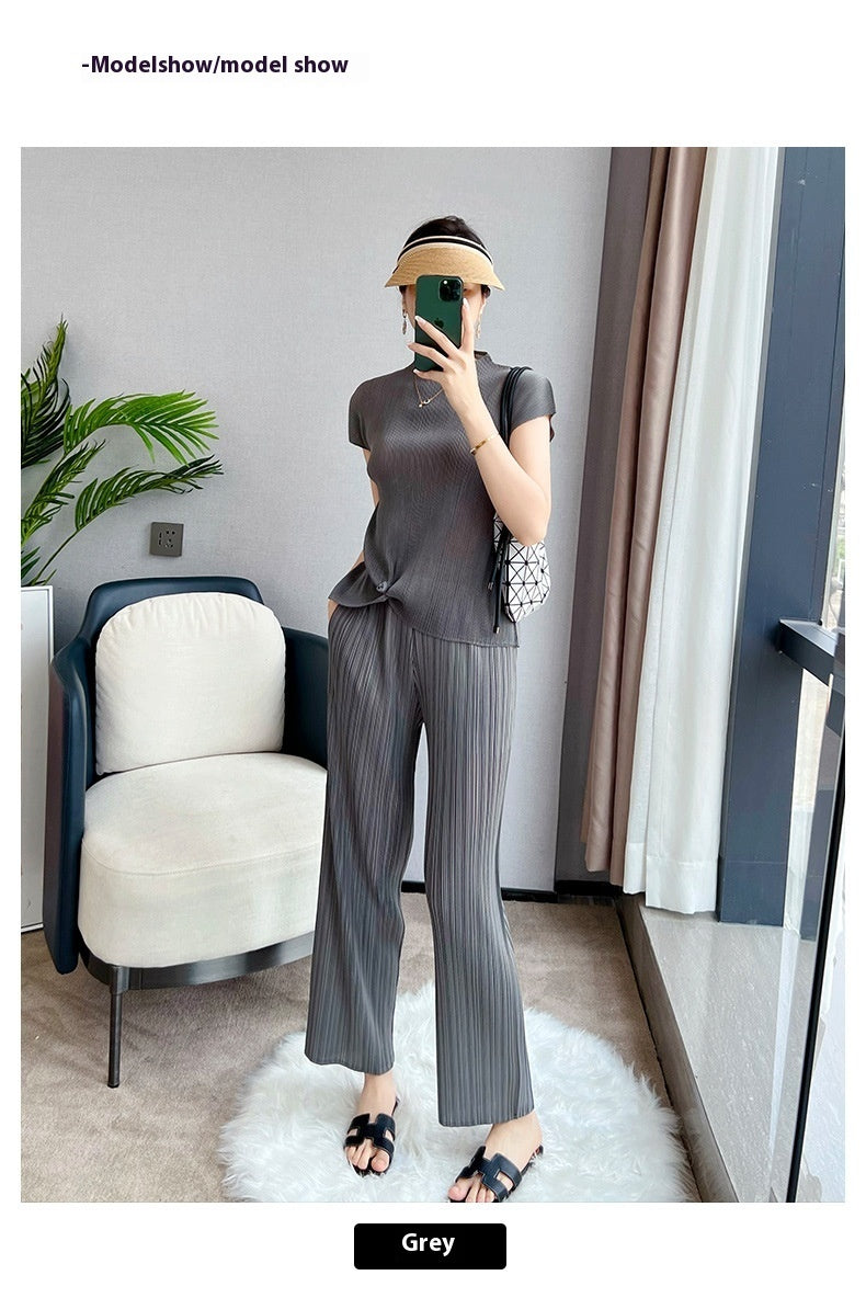 Pleated Summer Clothes Two-piece Suit Top Wide Leg Pants Suit Women