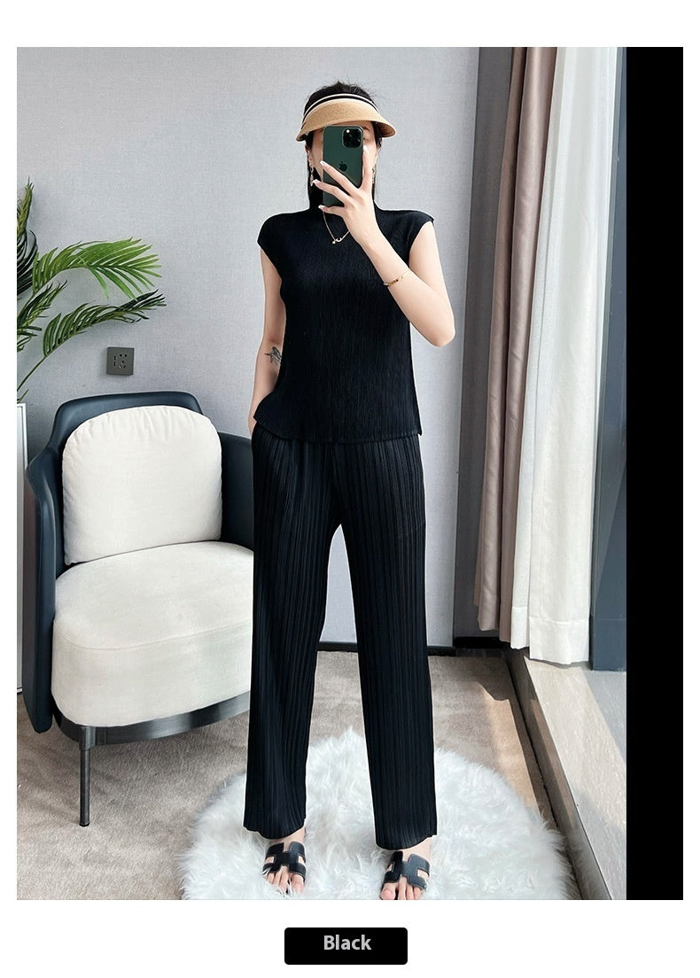 Pleated Summer Clothes Two-piece Suit Top Wide Leg Pants Suit Women