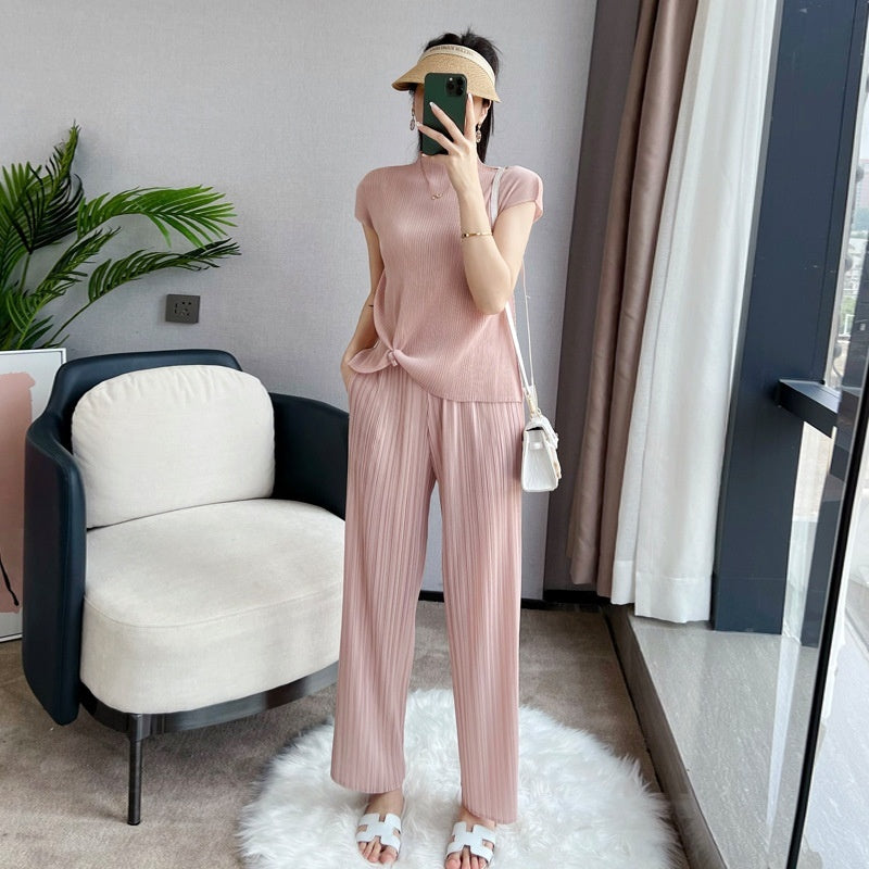 Pleated Summer Clothes Two-piece Suit Top Wide Leg Pants Suit Women