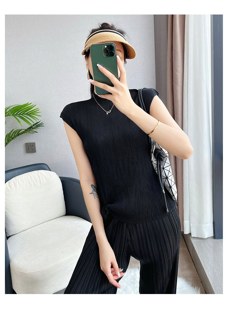 Pleated Summer Clothes Two-piece Suit Top Wide Leg Pants Suit Women