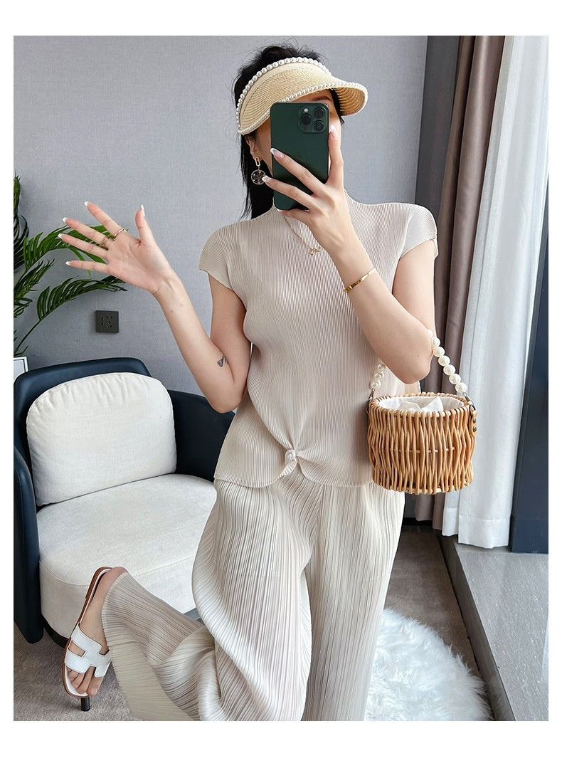 Pleated Summer Clothes Two-piece Suit Top Wide Leg Pants Suit Women