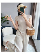 Pleated Summer Clothes Two-piece Suit Top Wide Leg Pants Suit Women